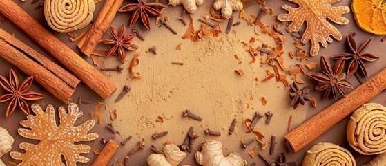 patterns from cinamons rolls and anise tree on the ginger background
