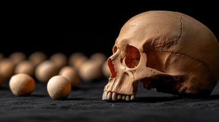 Human Skull with Scattered Objects