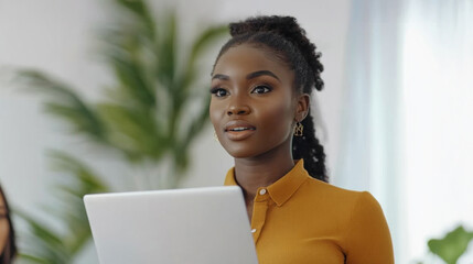 A woman in a yellow shirt engaging with a laptop while smiling in a bright indoor workspace during a team meeting