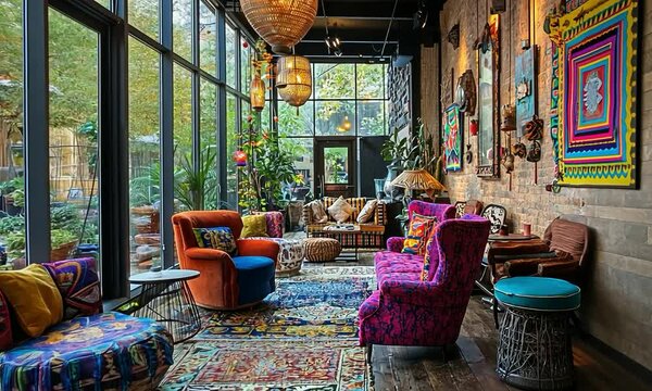 Bohemian hotel lobby with vibrant textiles, eclectic decor, and a view of a lush garden