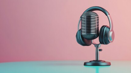 A vintage microphone with headphones on a blue and pink background.