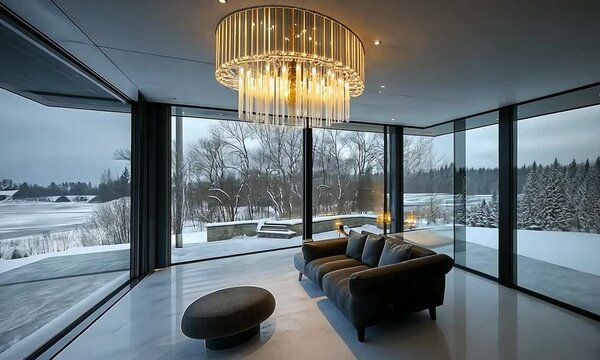 Contemporary chandelier in a futuristic home on a raised ridge, with smart glass and renewable energy sources, showcasing a view of sprawling meadows with grazing wildlife