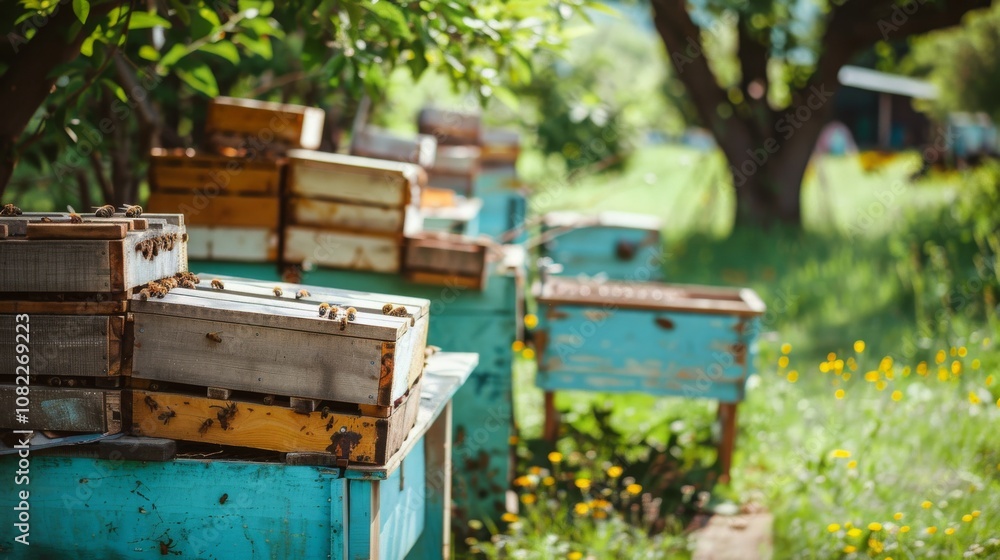Poster A clean beekeeping setup in a lush apiary, Beekeeping tools and hives precisely placed, Nature-inspired clean style