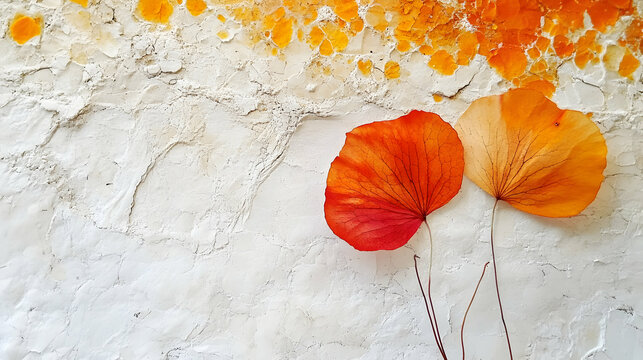 Abstract Autumnal Background: Two Dried Leaves Resting on a Textured White Surface with Orange Accents