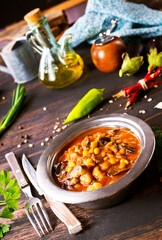 Vegetable stew. in metal bowl. Hot foodstuff.