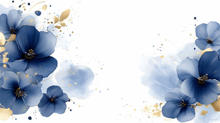 Abstract Watercolor Floral Illustration with Gold Accents: Elegant Blue Flowers on White Background for Design Projects