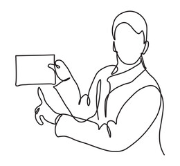 Man Holding and Pointing at Blank Paper Sheet Illustration. Continuous Line Art of Man Pointing at Document. 