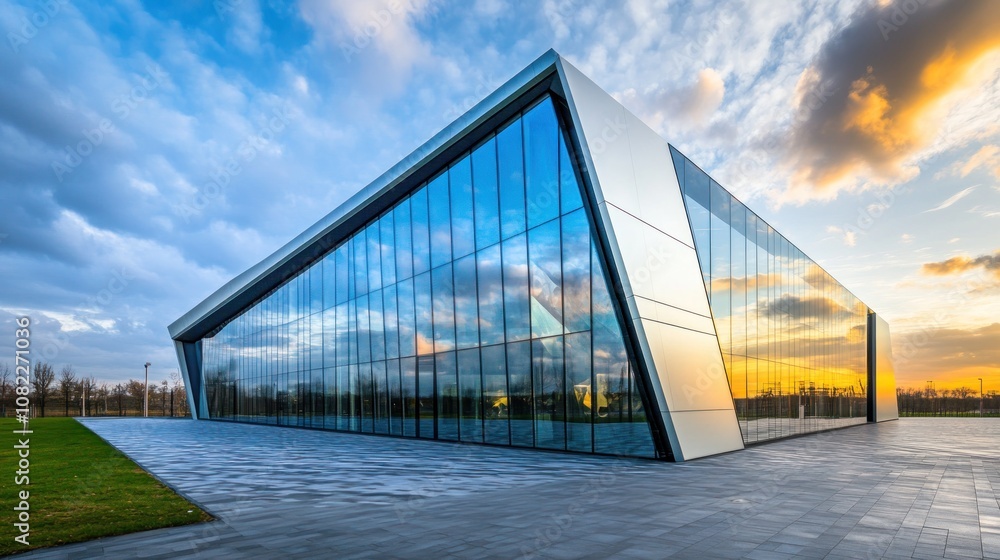 Poster modern architectural building with reflective glass and angular design against a sunset sky.