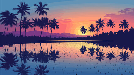 Fototapeta premium Sunset Over Tropical Palm Trees and Reflection