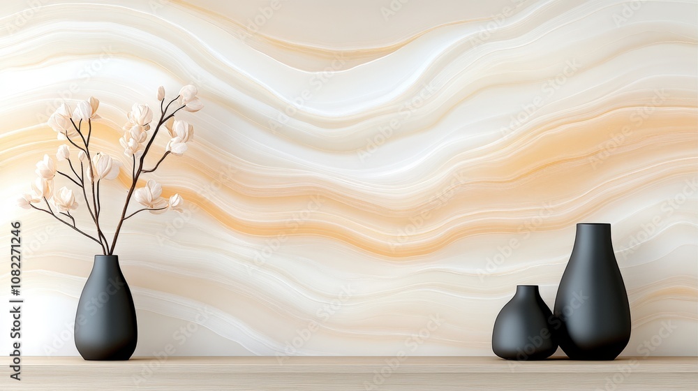 Aufkleber elegant vases with a minimalist wave pattern background in soft pastel tones