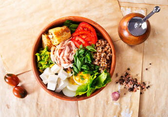 Delicious healthy breakfasts, buckwheat with boiled egg and meat and cheese