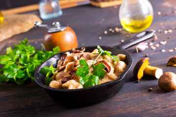 meat stew with mushrooms in cream sauce in pan