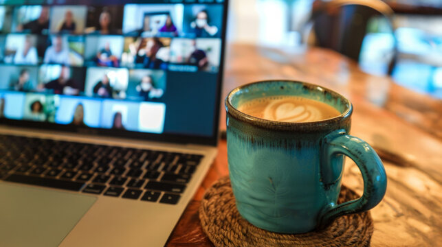 A lively online meeting with coffee on a wooden table, showcasing participants engaging from various locations in a collaborative atmosphere