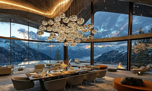 Contemporary chandelier in a futuristic home on a raised ridge, with smart glass and renewable energy sources, showcasing a view of sprawling meadows with grazing wildlife