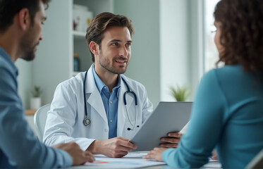 Fototapeta premium a doctor in a healthcare setting, holding a folder with medical documents, engaged in a conversation with a colleague or team member