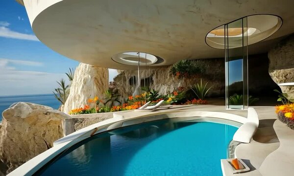 Futuristic interior design in a sleek glass-walled living room overlooking a rugged coastal cliff with crashing waves below