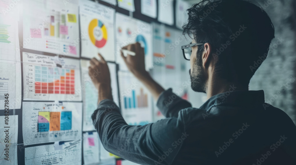 Poster a person brainstorming ideas on a collaborative board filled with colorful charts and graphs during 