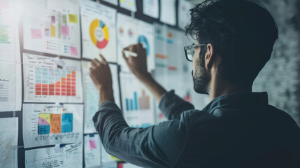 A person brainstorming ideas on a collaborative board filled with colorful charts and graphs during a creative session