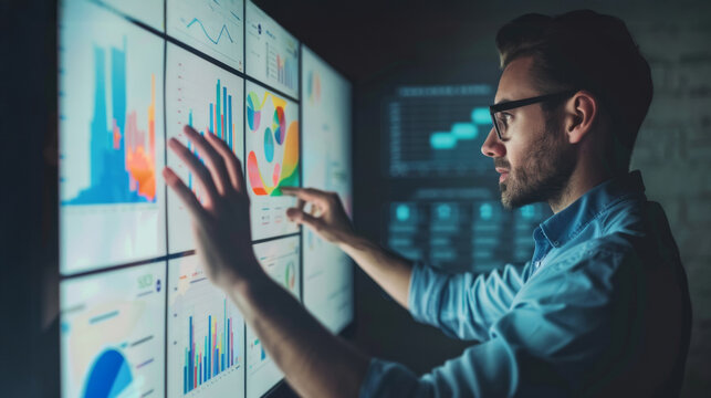 Professional presenter engaging with digital charts during a strategic meeting at a modern office