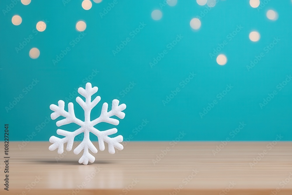 Poster elegant snowflake on wooden table with turquoise bokeh background