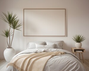 A minimalist warm bedroom setting. Dominating the center is a neatly made bed with gray linens and a beige blanket. Above the bed, there's a large blank canvas frame, awaiting artwork. 