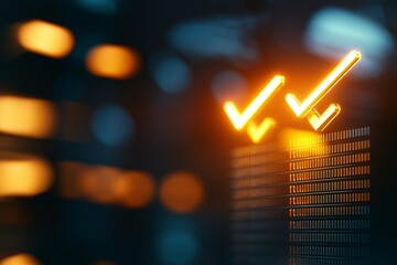 Digital check marks glowing on a screen, symbolizing successful completion and progress.