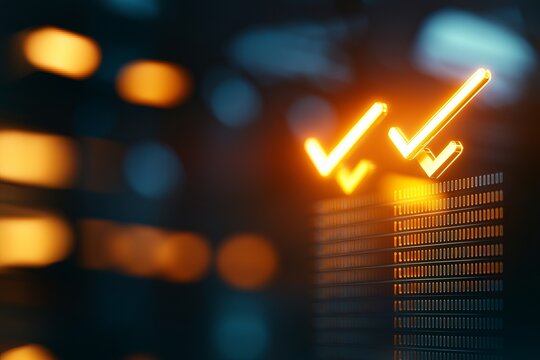 Digital check marks glowing on a screen, symbolizing successful completion and progress.