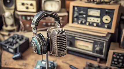 Fototapeta premium A vintage microphone with headphones on a stand in front of a vintage radio.