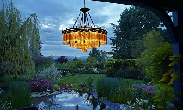 Contemporary chandelier in a futuristic home on a raised ridge, with smart glass and renewable energy sources, showcasing a view of sprawling meadows with grazing wildlife
