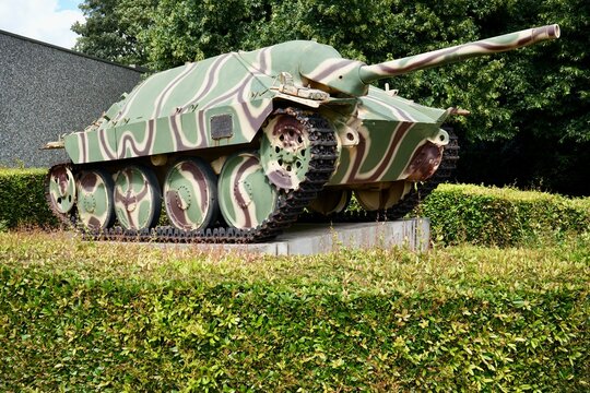 Jagdpanzer 38(t) Hetzer Tank. German WW2 Tank at The Battle of Normandy Museum. Bayeux, France, July 2023. 