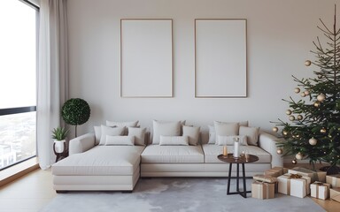 A modern living room with minimalist design. A large, light-colored L-shaped sofa is positioned against a wall adorned with two blank vertical frames
