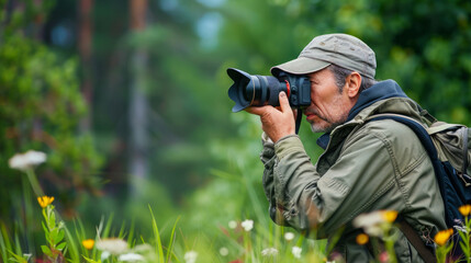 A photographer checks camera focus while surrounded by lush greenery and flowers in a serene outdoor setting during the golden hour