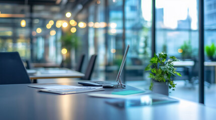 A modern workspace overlooking a city skyline features plants, a desk organizer, and a laptop in an innovative environment
