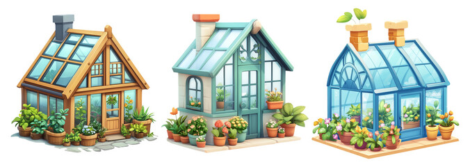 Naklejka premium Colorful Greenhouses with Plants on Transparent Background