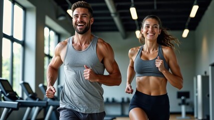 Energetic man and woman running on treadmills in a modern gym, smiling and motivated, embodying a healthy, active lifestyle