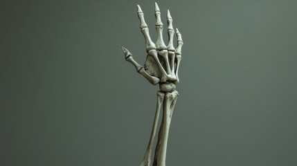 Simple design of a white skeleton hand on a bright grey background, demonstrating sharpness and simplicity