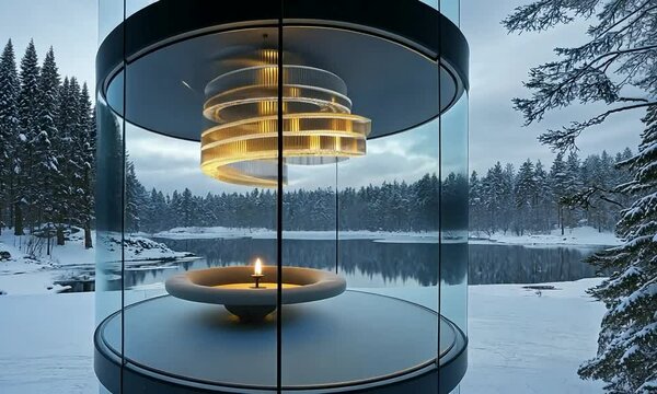 Futuristic chandelier in a sleek glass-walled living room overlooking a rugged coastal cliff with crashing waves below