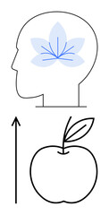 Head with floral mind arrow rising towards an apple. Ideal for mindfulness, growth, creativity, clarity, nature, balance, inspiration. Line metaphor