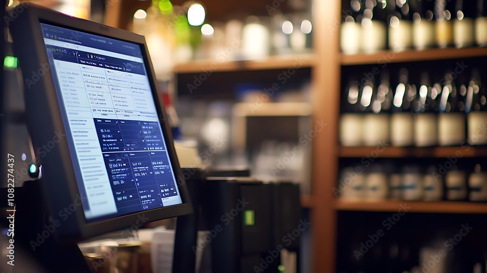 Poster a close-up of a digital register in a bar, with bottles displayed in the background.