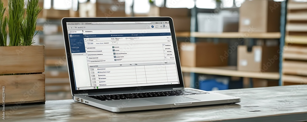 Aufkleber a laptop displaying software on a table in a warehouse environment.