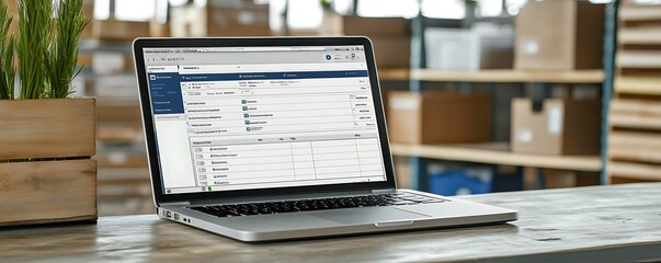 Obraz premium A laptop displaying software on a table in a warehouse environment.