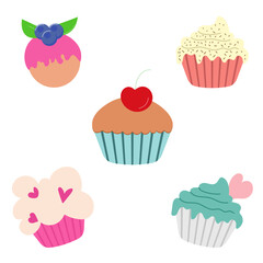 Set of cupcakes in a minimalistic composition, delightful colors and intricate designs