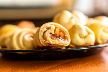 Crispy crescent rolls with jam. Dessert. Homemade croissants with jam