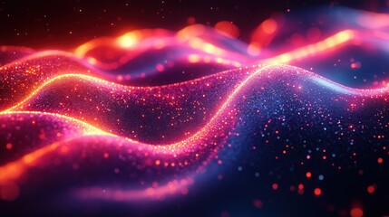 Fototapeta premium Abstract red and blue glowing particles forming wavy lines on a dark background.