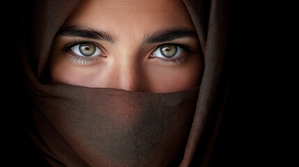Naklejka premium Captivating eyes peering through a brown hijab veil