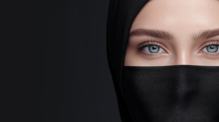 Naklejka premium Captivating eyes: close-up portrait of woman in black hijab with intense gaze