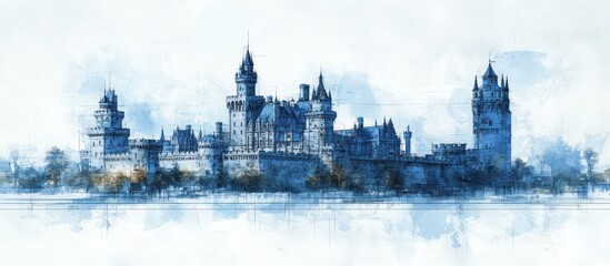Fototapeta premium A watercolor illustration of a grand castle with multiple towers and a surrounding moat, painted in shades of blue.