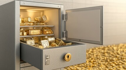 A safe filled with gold bars, coins, and watches, symbolizing wealth and security.