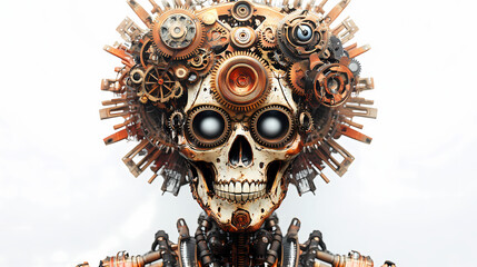 A steampunk skeleton adorned with gears and cogs, wearing halloween party masks, intricate details, metallic textures, isolated on white background. Steampunk. Illustration