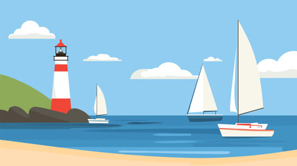 Naklejka premium Sailboats and Lighthouse on Calm Sea